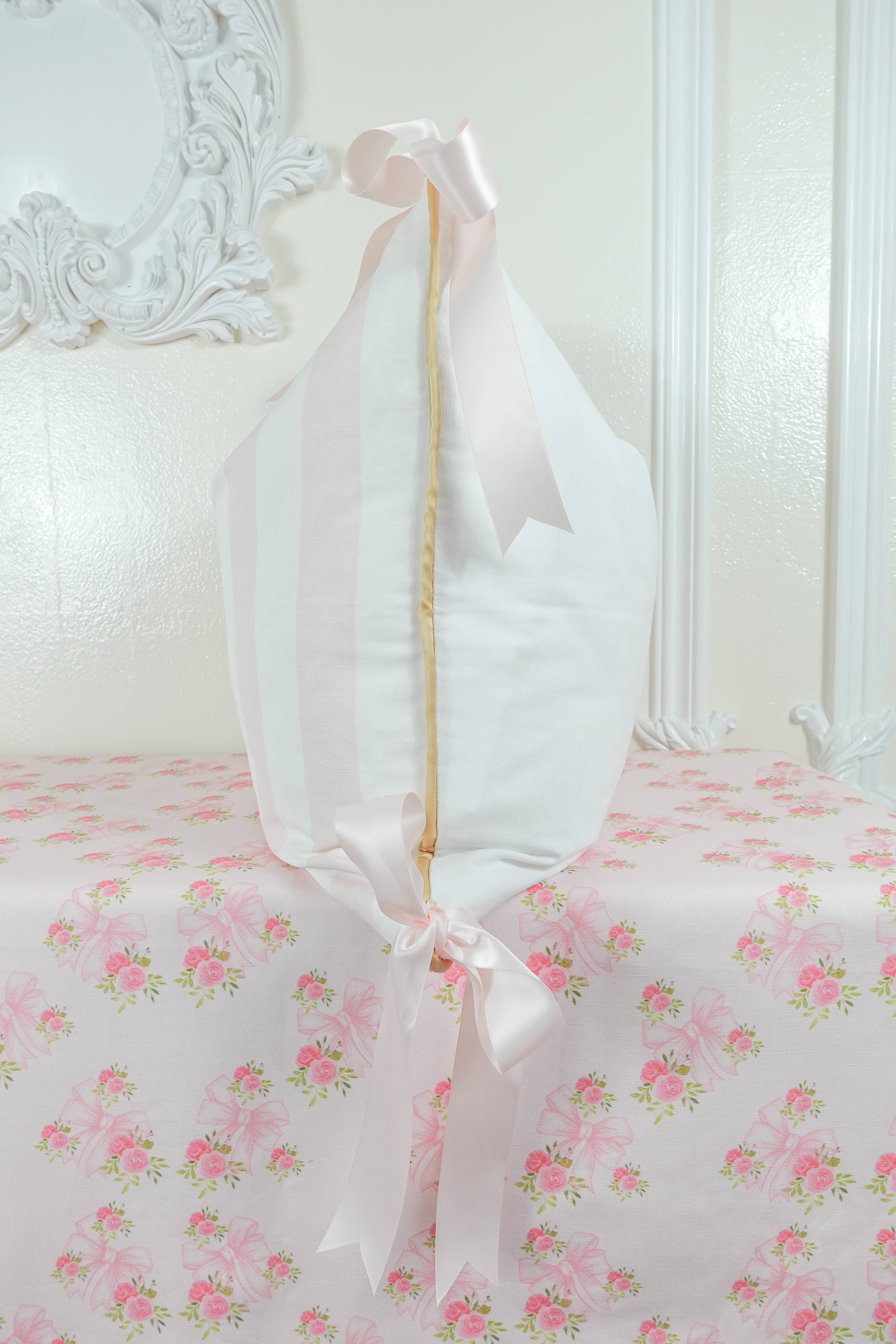 West Cottage Interiors - Wholesale Throw Pillow Cover - Abella, Pink and White Stripe With Bows Pillow Cover1