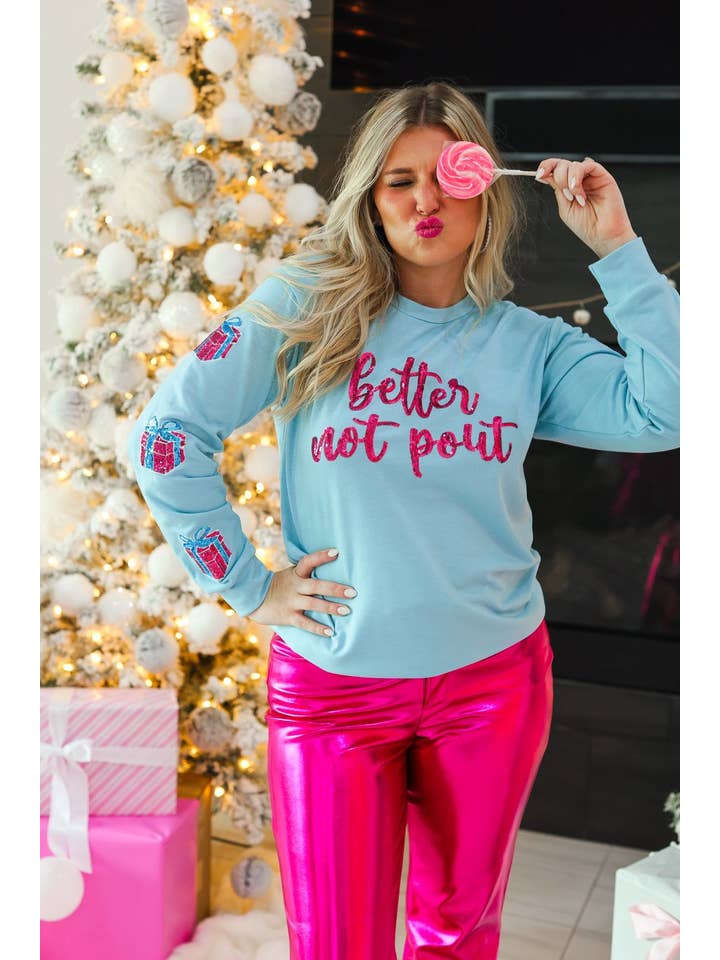 Better not Pout sequins Blue Sweater for wholesale on Faire