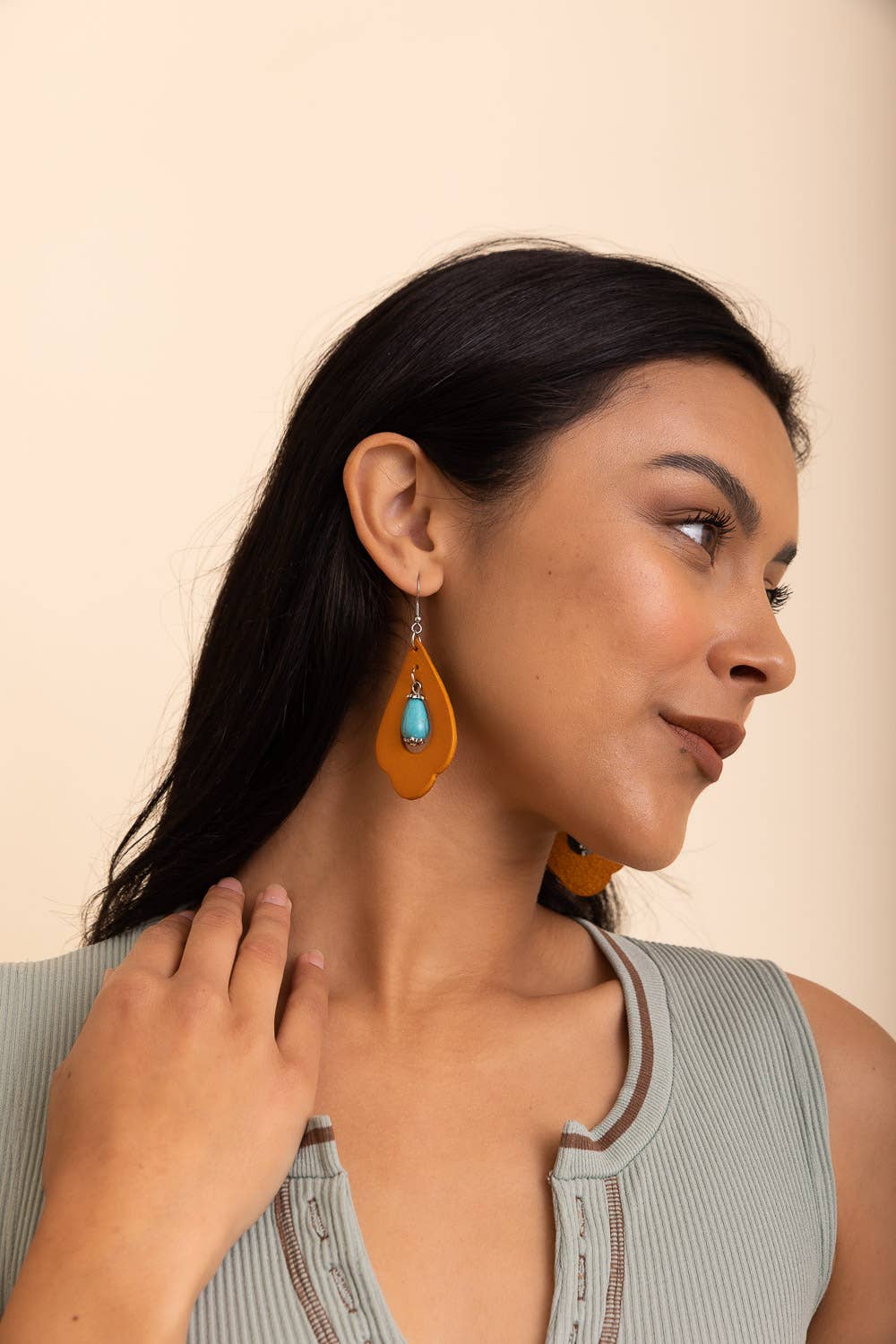Leto Accessories - Wholesale Dangle Earrings - Western Leather Cutout Earrings with Turquoise Stone2