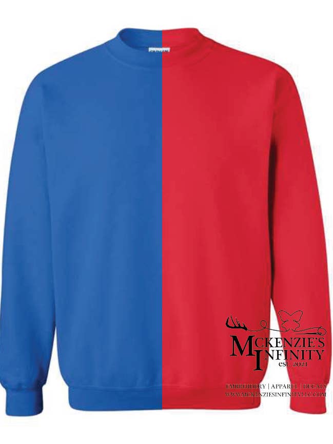 McKenzie’s Infinity LLC - Wholesale Sweatshirt - Unisex - Blue & Red Split Colored, Two-Toned, Crewneck Sweatshirt0