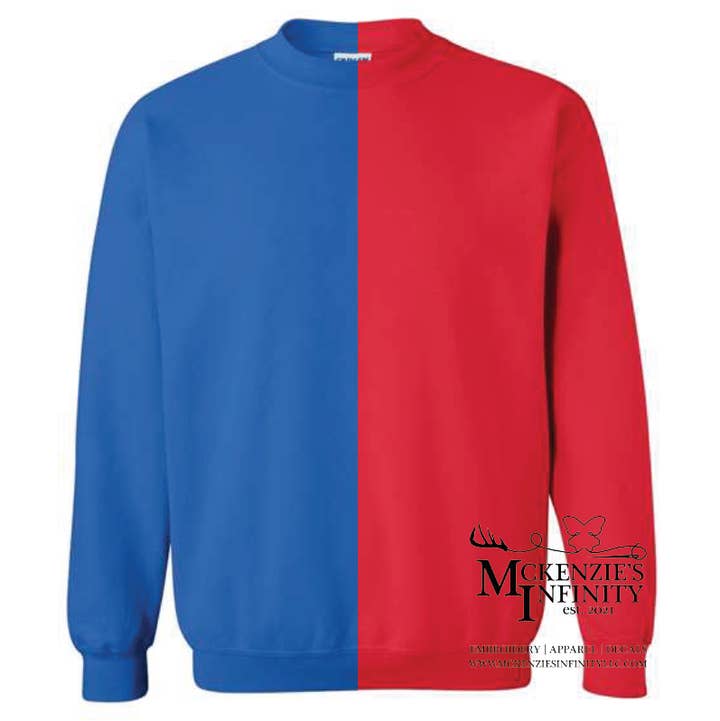 McKenzie’s Infinity LLC - Wholesale Sweatshirt - Unisex - Blue & Red Split Colored, Two-Toned, Crewneck Sweatshirt0