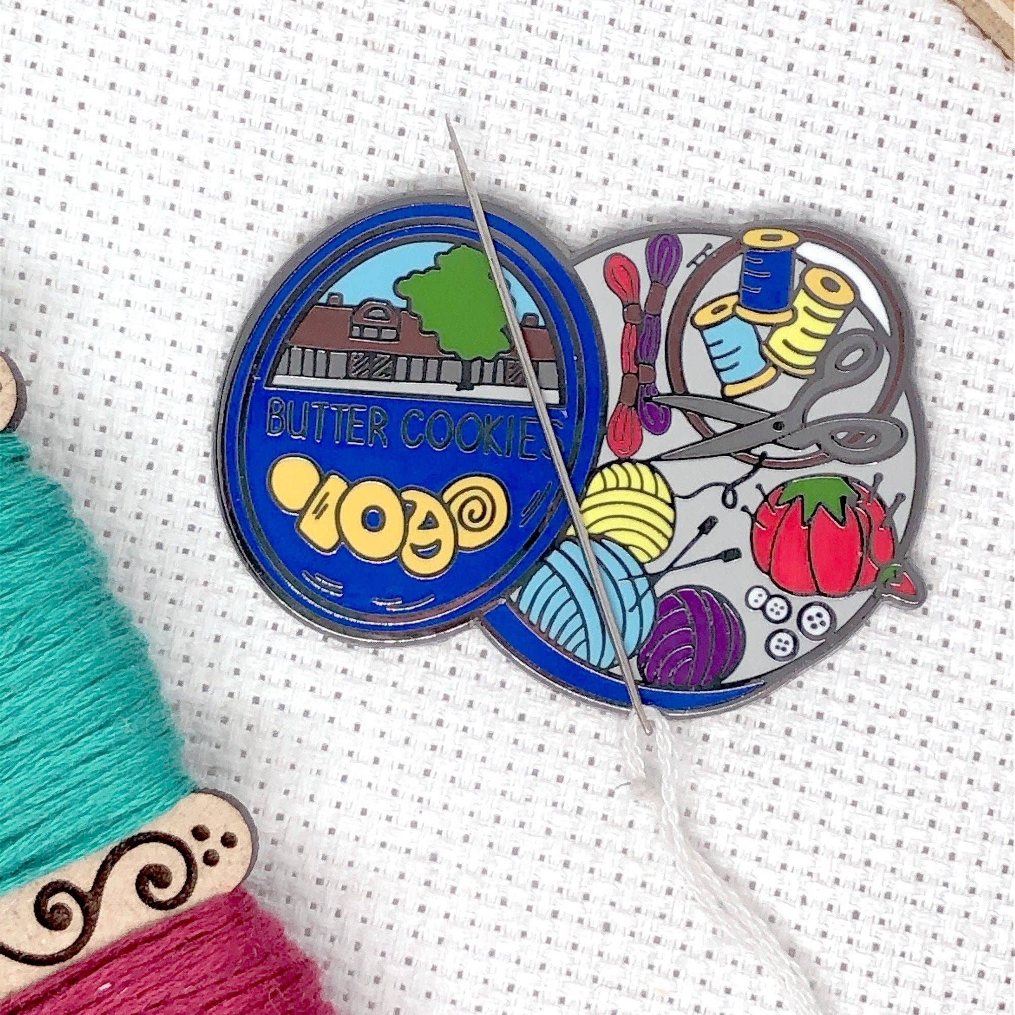 Snarky Crafter Designs – wholesale Knitting/Crochet Supplies – Cookie Tin Full of Sewing Notions Hard Enamel Magnetic Needle Minder3