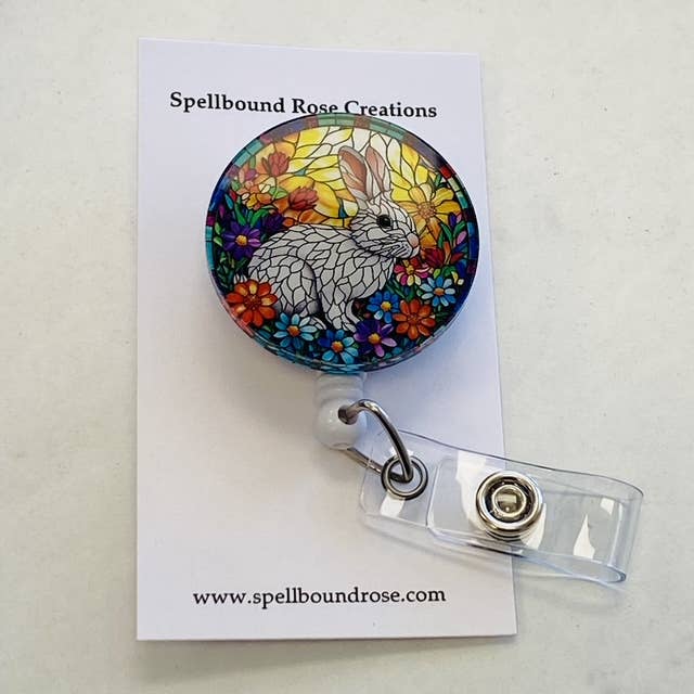 Faux Stained Glass Easter Bunny Badge Reel for wholesale by Spellbound Rose Creations