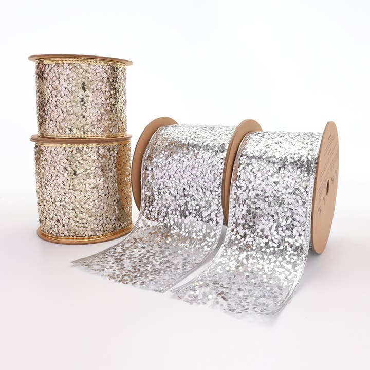 LA Ribbons Wholesale - Wholesale Ribbon - Gift Wrapping - 3" Sequin Wired Ribbon | White Gold | 10 Yard Roll3
