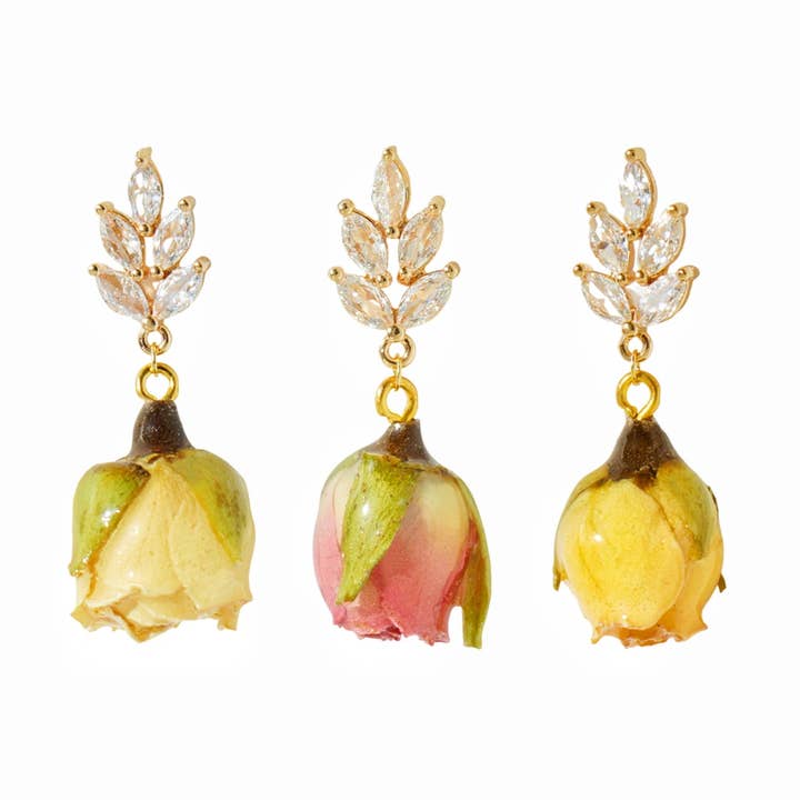 *REAL FLOWER* Rosa Brillante Rosebud Drop Earrings with Crystal Leaves Studs for wholesale by I'MMANY London