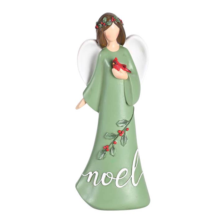 Angel Figurine Holding Bird Noel Green for wholesale by Cottage Garden