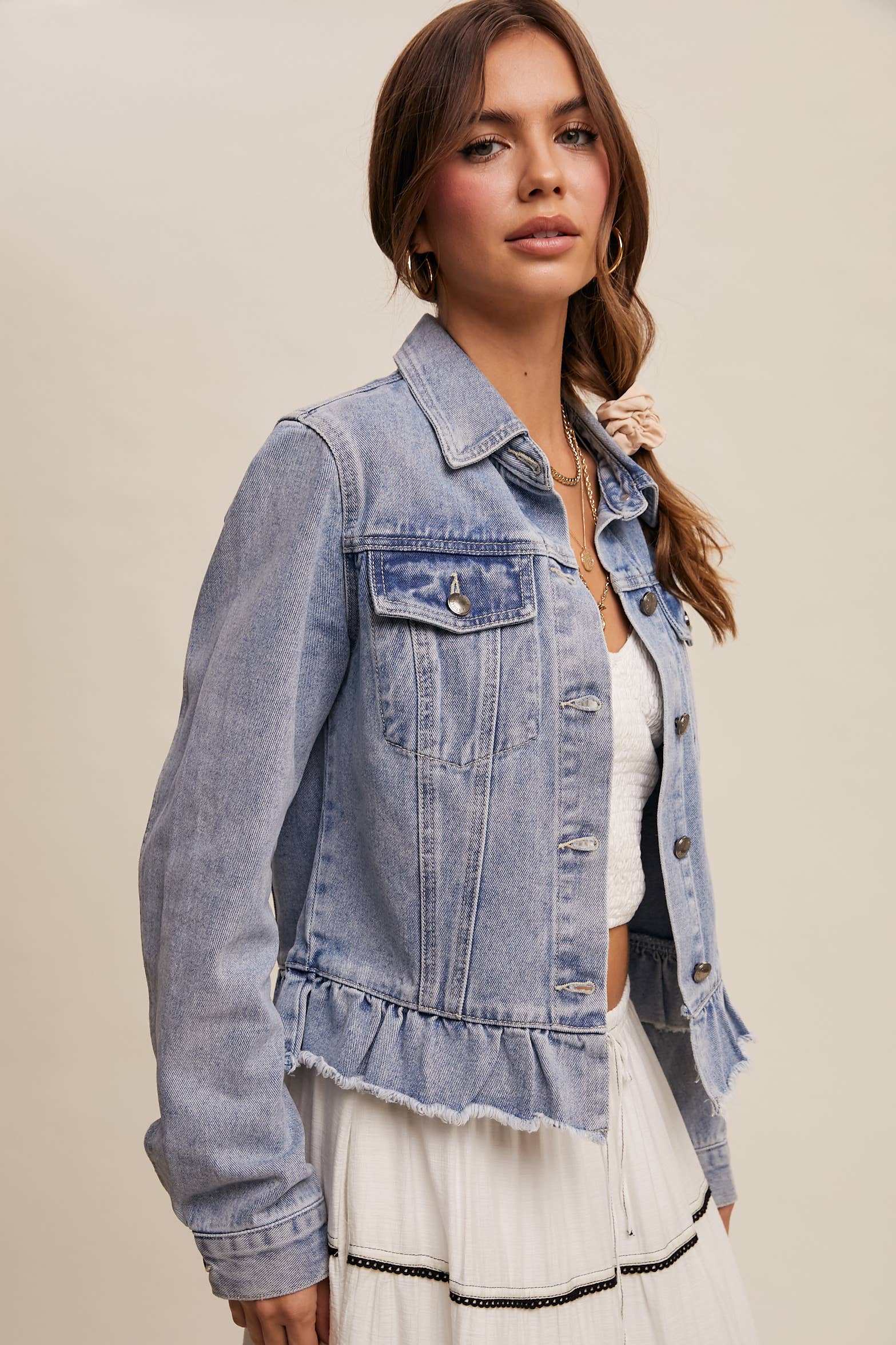 Listicle - Wholesale Denim Jacket - Women's - Ruffled Hem Denim Jacket LJ02369