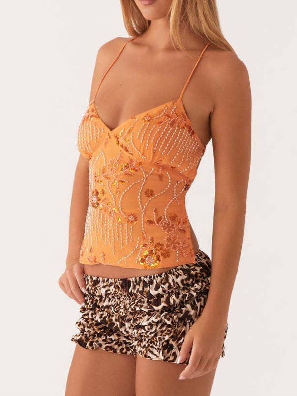 Rosa Clothing - Wholesale Tank Top - Women's - Sequin Floral Embroidery V-Neck Crop Tank Top