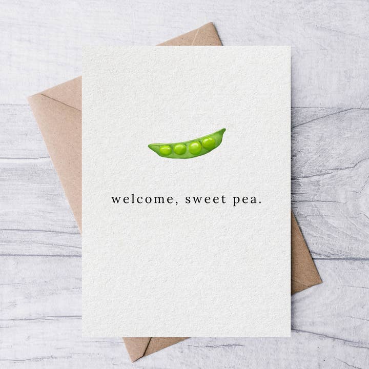 welcome, sweet pea new baby greeting card for wholesale by la nouille studio