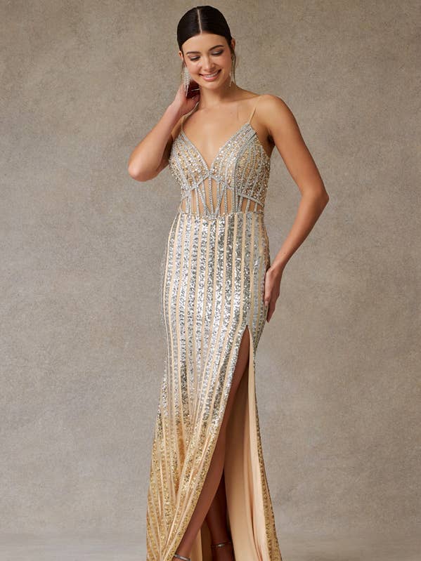 SILVER NUDE Sleeveless Illusion Sweetheart Embellished Sheath Dress for wholesale on Faire0