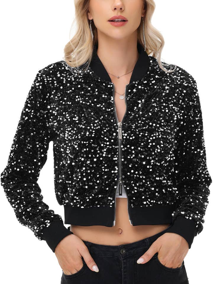 Cropped Sparkly Sequin Jacket Club Bomber Jacket for wholesale by Anna Kaci Wholesale