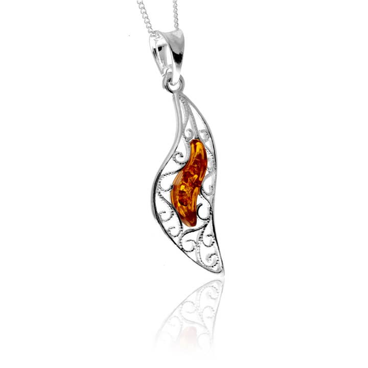 SilverAmber Jewellery โ wholesale Pendant/charm necklace โ 925 Sterling Silver & Genuine Baltic Amber Modern Leaf Pendant - GL20822