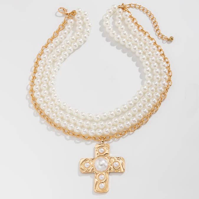 GOLD MULTI WRAP PEARL BEADED CROSS CHARM NECKLACE | 40NK9599 for wholesale on Faire1