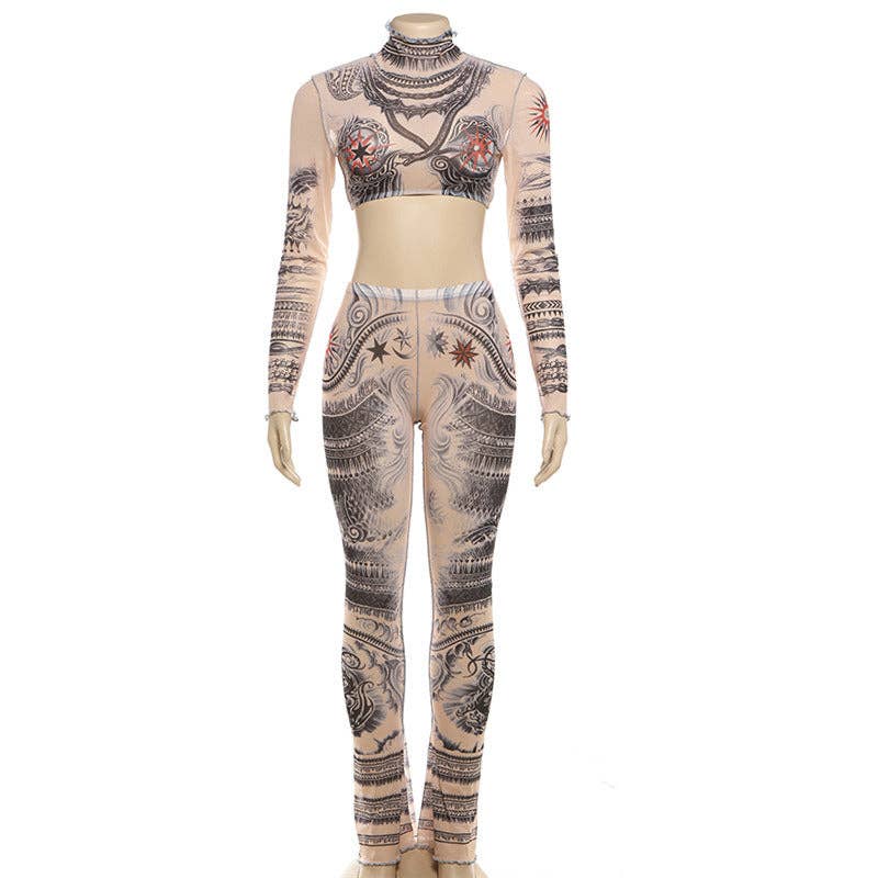 KHAKI MB FASHION TATTOO MESH CROP TOP LEGGING 2 PCS SET 1304LY for wholesale on Faire10
