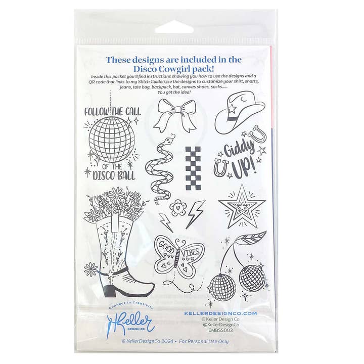 Keller Design Co. - Wholesale DIY Craft Kit - Stick It Stitch It Water Soluble Embroidery Patterns-Disco Cowgirl6