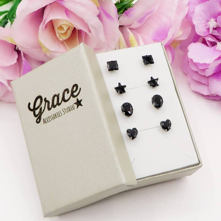 Daemon srls - Wholesale Jewelry Set - SET 4 PAIA PUNTI LUCE SHINE colours ~ 4 forme punti luce acciaio inossidabile ~ 8 PZ ~ 12 varianti colore ~ Orecchini a lobo con zirconi10