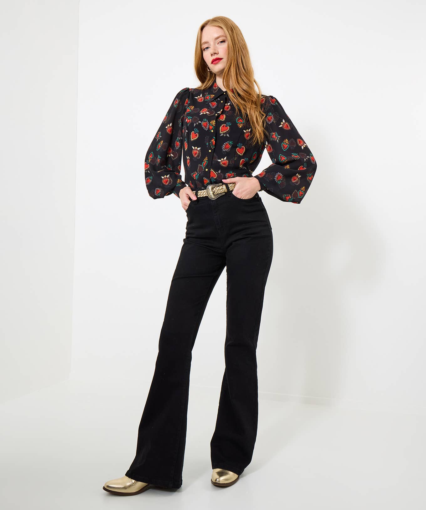 Noir Blouse en georgette à imprimé cœur avec caraco en vente sur Faire4