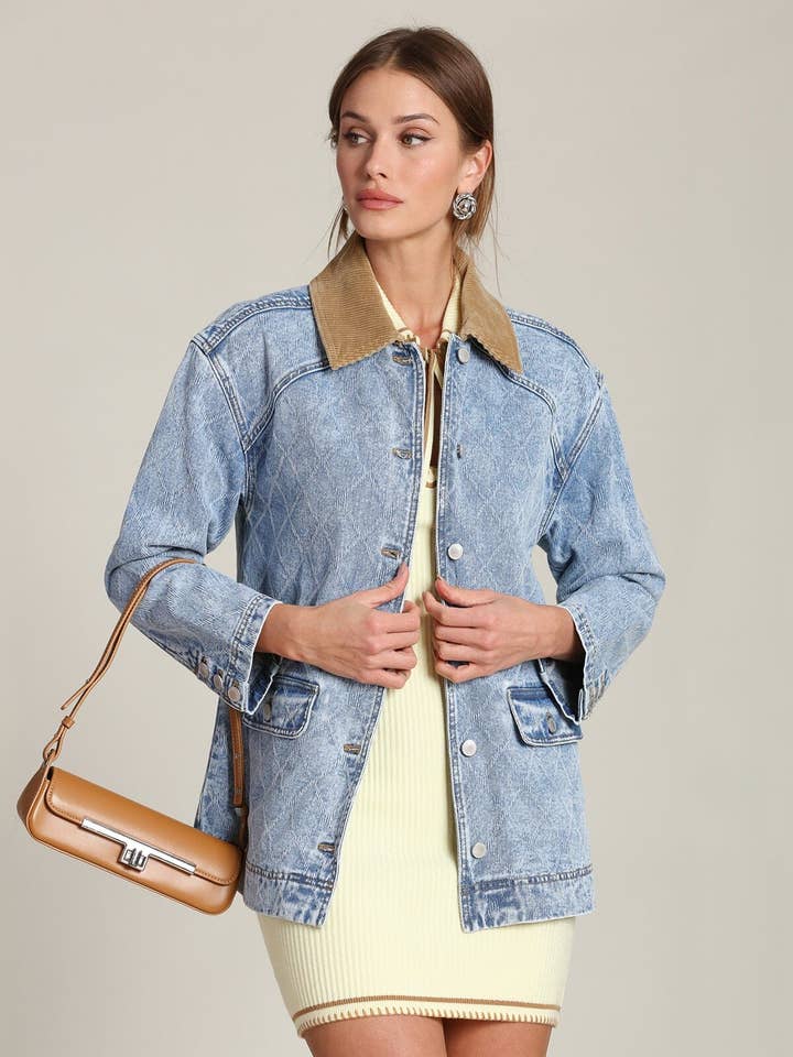 Diamond Quilted Denim Barn Jacket for wholesale by Avec Les Filles
