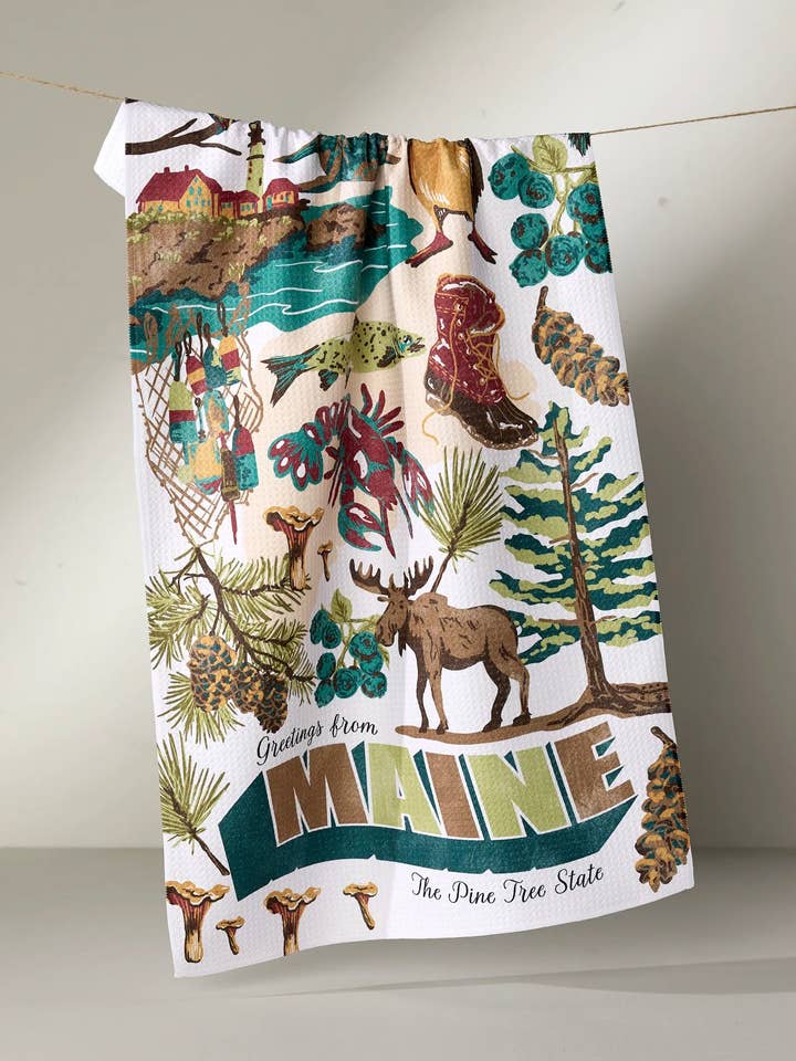 Greetings From Maine Tea Towel for wholesale by Geometry