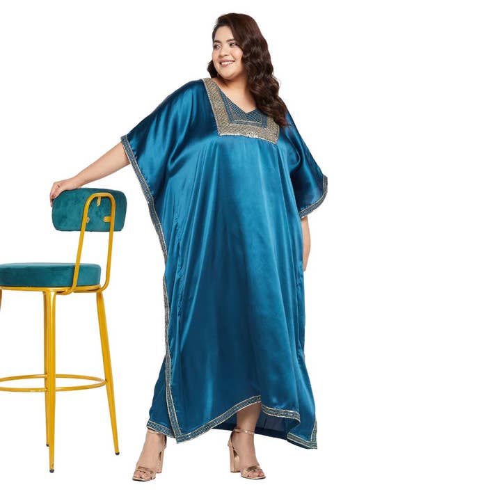 GYPSIE BLU - Wholesale Kaftan - Women's - Embroidered Corsair Blue Satin Kaftan Dress for Women6