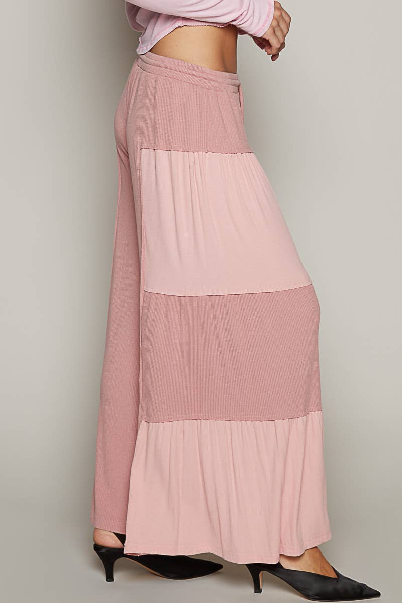 Pol Clothing - Wholesale Pants - Women's - Ribbed contrast fabric panels casual knit wide fit pants11