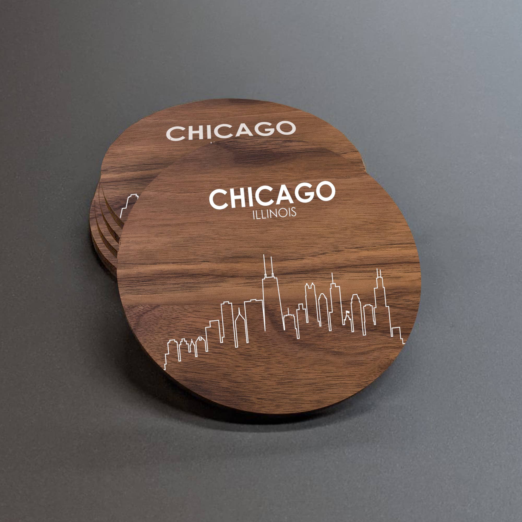 9th Letter Press – Base de copos por atacado – Madeira de bordo com estampa UV de nogueira - City Skyline State Coaster