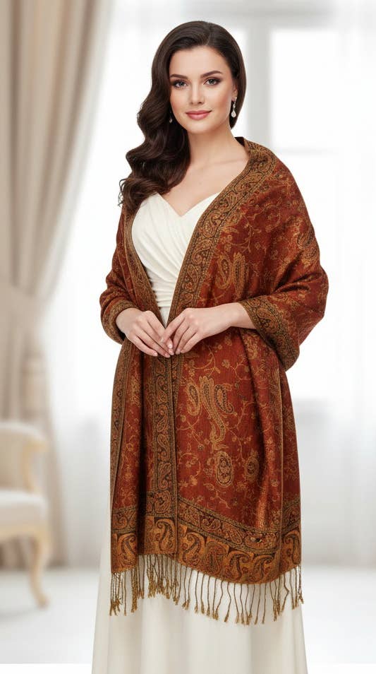 SERENITA - Wholesale Scarf - Women's - Jacquard Line Paisley Pashmina Scarf Reversible Shawl Wrap26