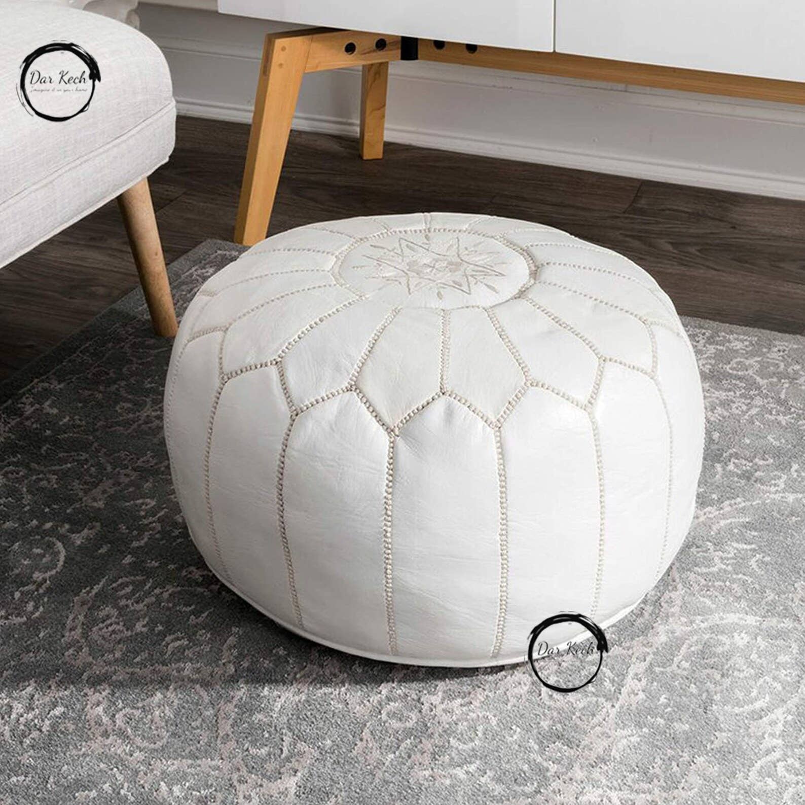 DarKech – Pufe por atacado – Puff otomano de couro marroquino feito à mão, banqueta para pés redonda3