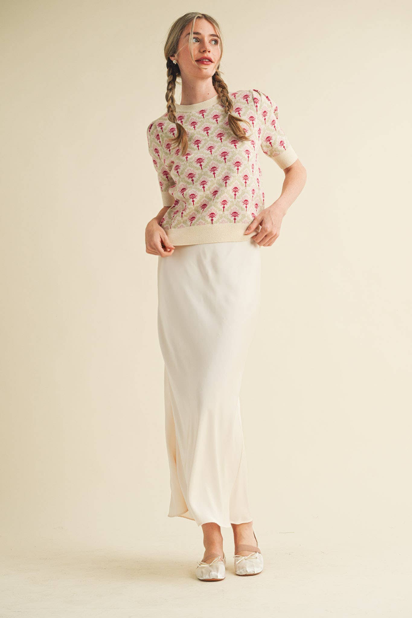 &MERCI - Wholesale Knit Sweater - Women's - FLORAL PATTERN SHORT SLEEVE SWEATER MSW1086023