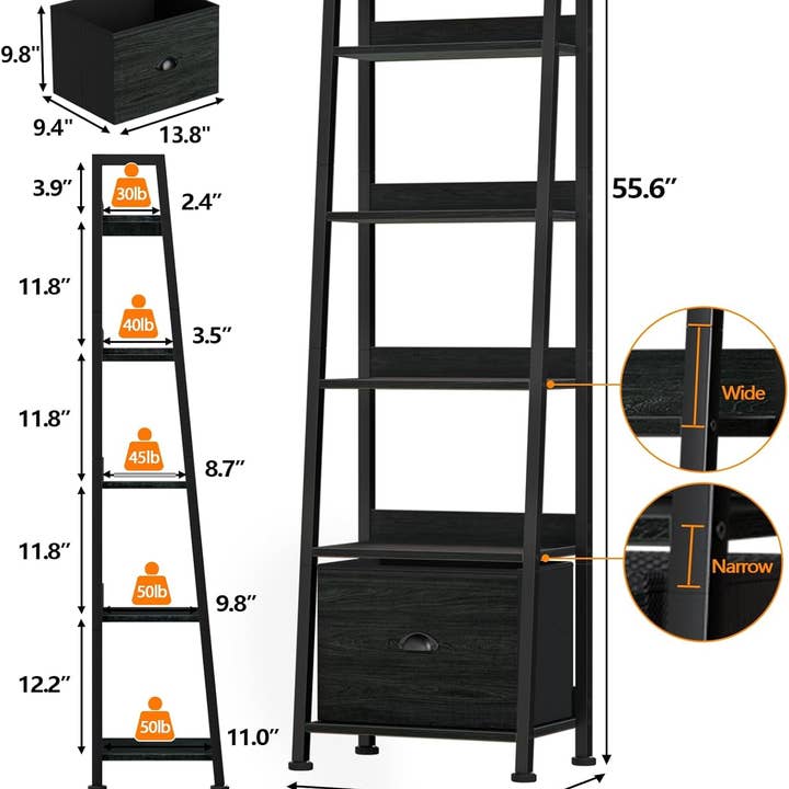 Black Oak 5-Tier Ladder Shelf with Drawer for Stylish Storage for wholesale on Faire