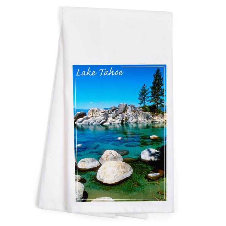 ORGANIC TEA TOWEL Lake Tahoe, Inlet, Photography for wholesale by Lantern Press