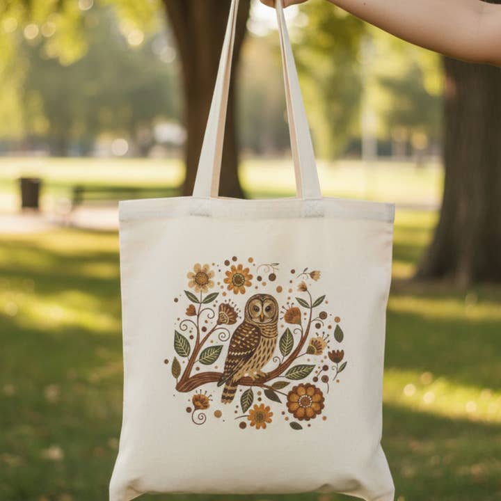 Borsa in tela con gufo barrato folk art per la vendita all'ingrosso da parte di Wandering Owl Adventure Co.