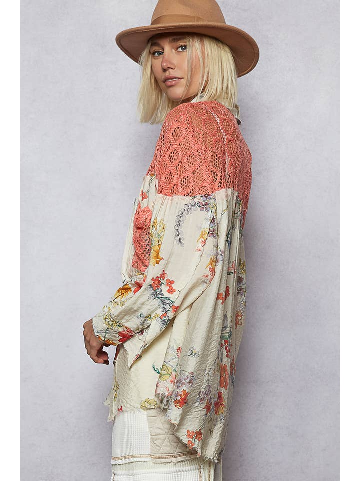 Pol Clothing - Wholesale Button Down Shirt - Women's - Full sleeves contrast floral printed shirt top
