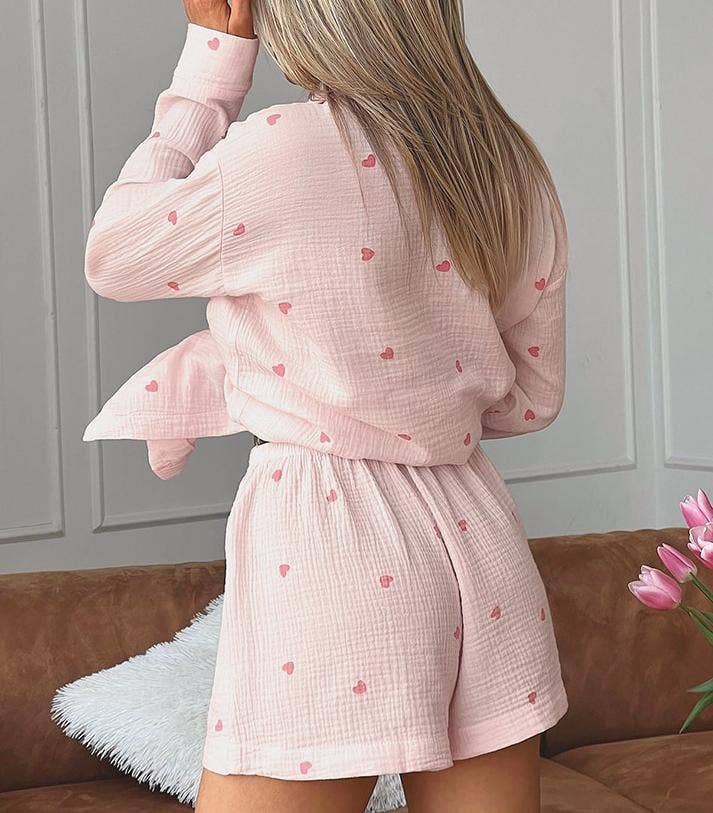 Rosa Clothing - Wholesale Lounge Set - Women's - Valentine's Day heart print shorts loungewear set11