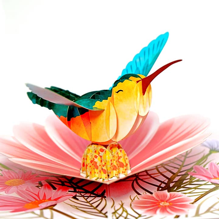 Wonder Paper Art - Wholesale Everyday Greeting Card - Hummingbird Pop Up Card - Intricate Blooming Flowers Design
