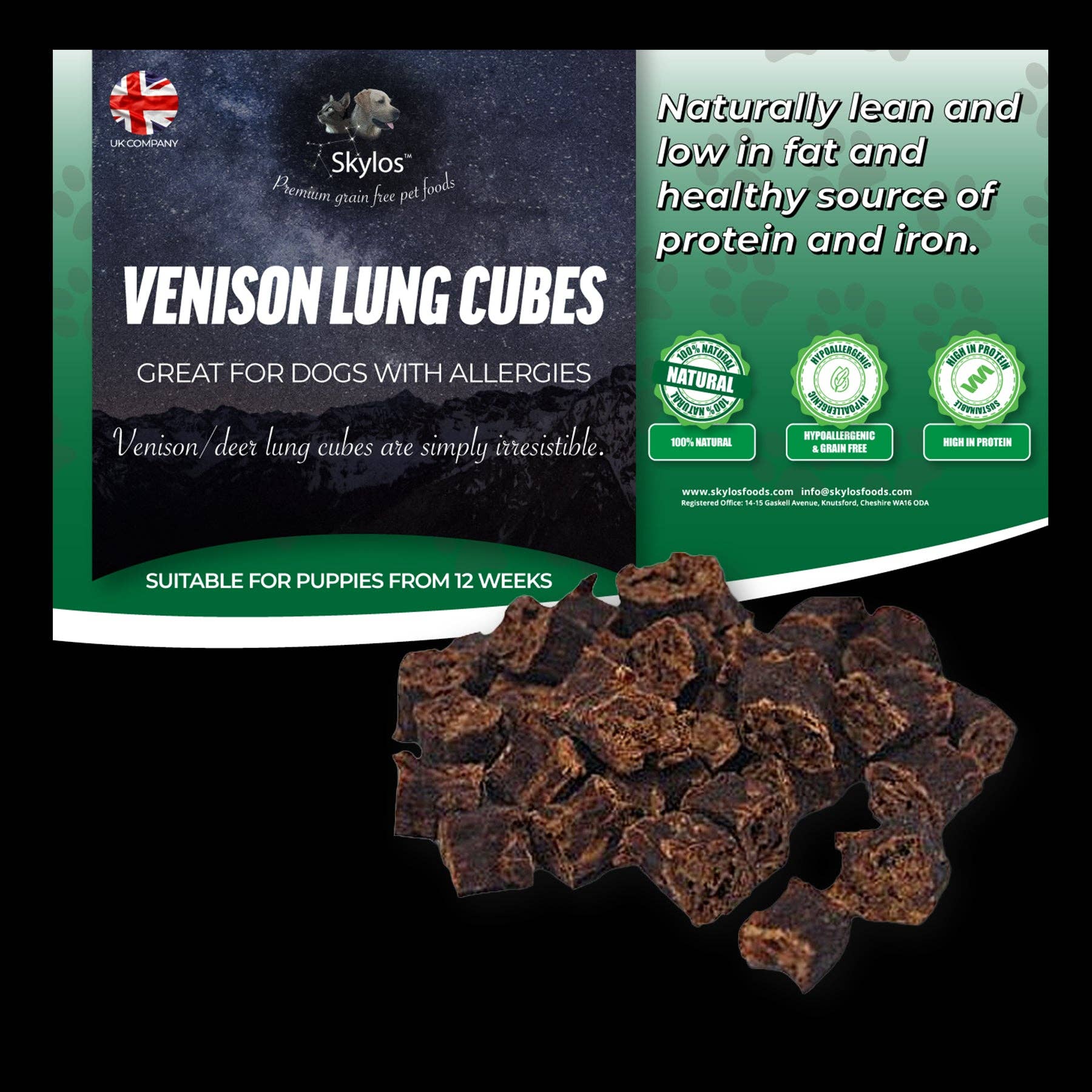 Skylos Foods – wholesale Pet treats – Dog – Venison Lung Cubes - 200g0
