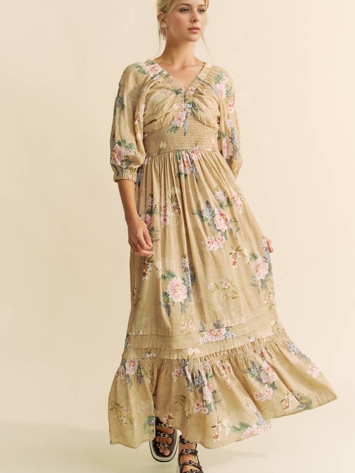 Davi & Dani - Wholesale Dress - Women's - GARDEN FLORAL PRINTED THREE LINE WAIST MAXI DRESS