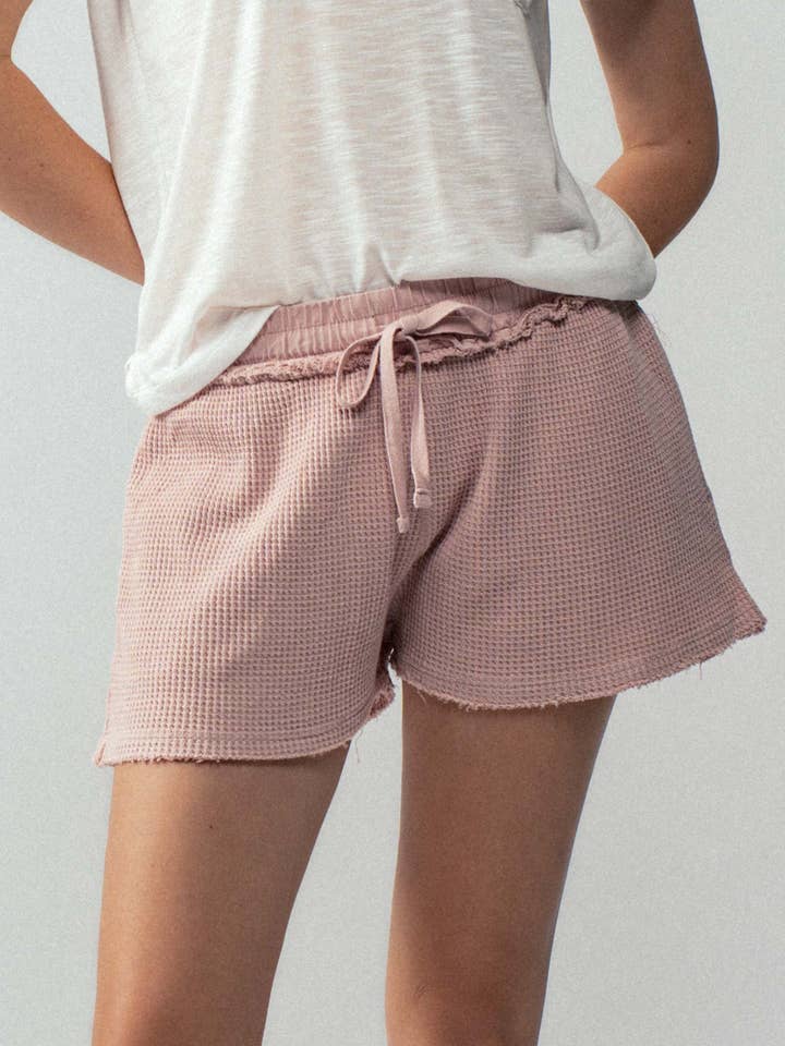 Waffle Knit Distressed Hem Drawstring Lounge Shorts for wholesale by Urban Daizy