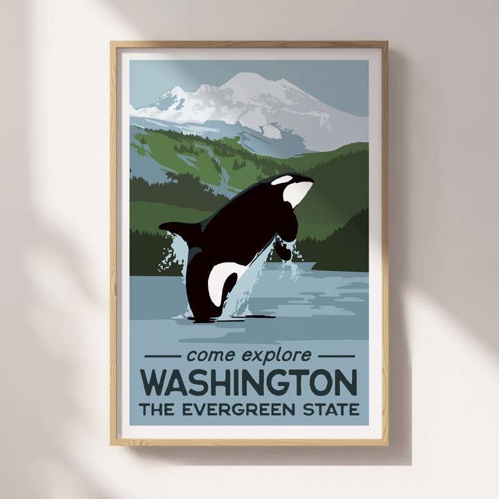 Recollection Project – wholesale Poster – Washington State Orca Travel Poster - Wholesale