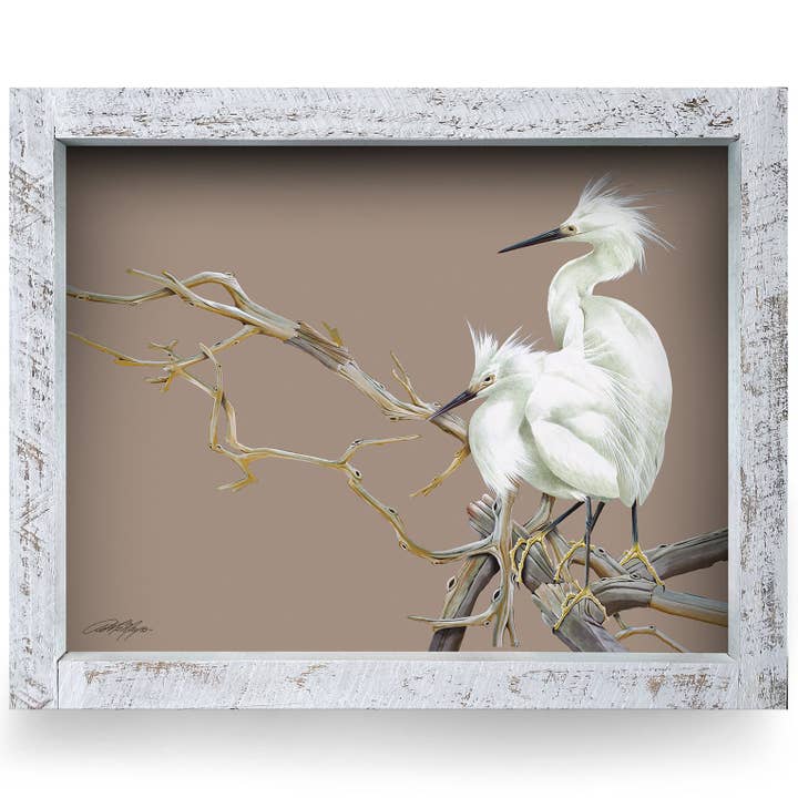 Egret Duo | Real Wood Framed Wall Art Print | Art Lamay for wholesale by Mill Wood Art