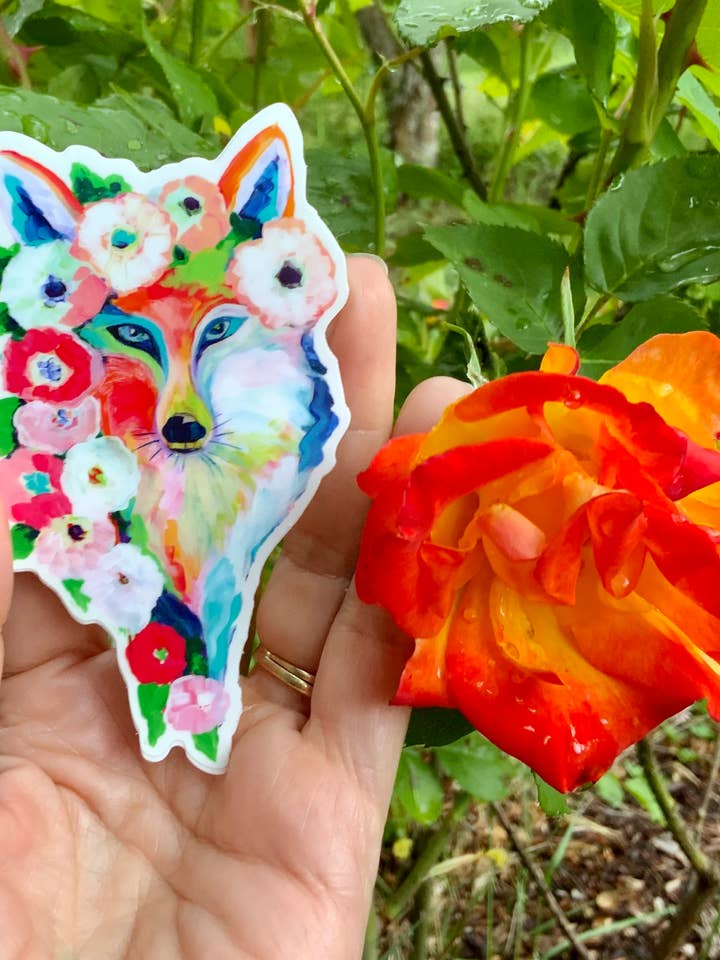 Fox and Flowers - 4 inch Sticker for wholesale by Jennifer Lommers