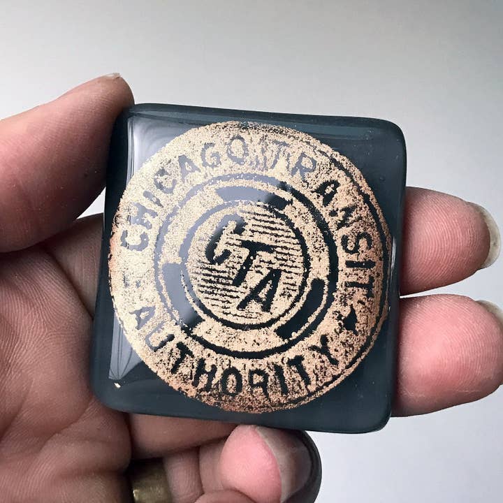 Chicago CTA Token Fused Glass 1.75" Magnet for wholesale by Kiku Handmade | Contemporary Fused Glass Home Goods