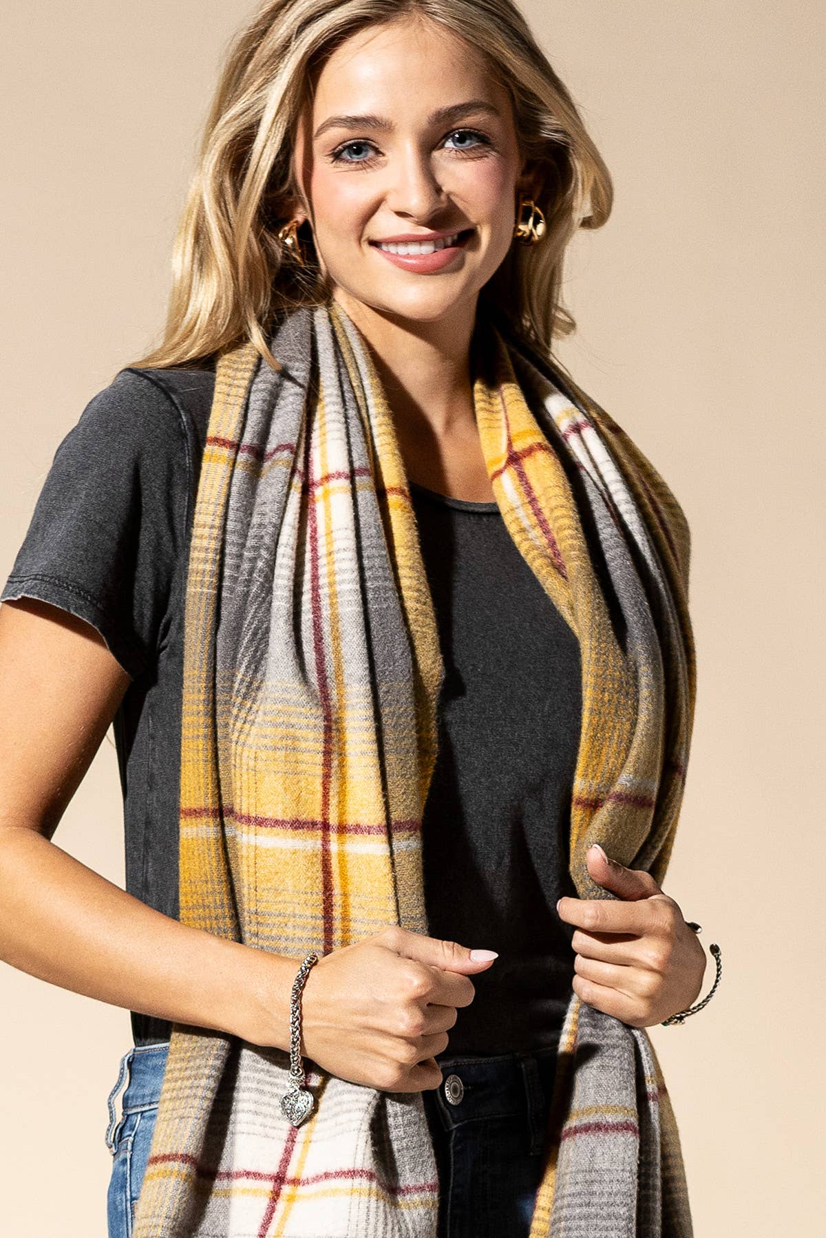 MUSTARD MU  Plaid Fringe Oblong Scarf for wholesale on Faire3