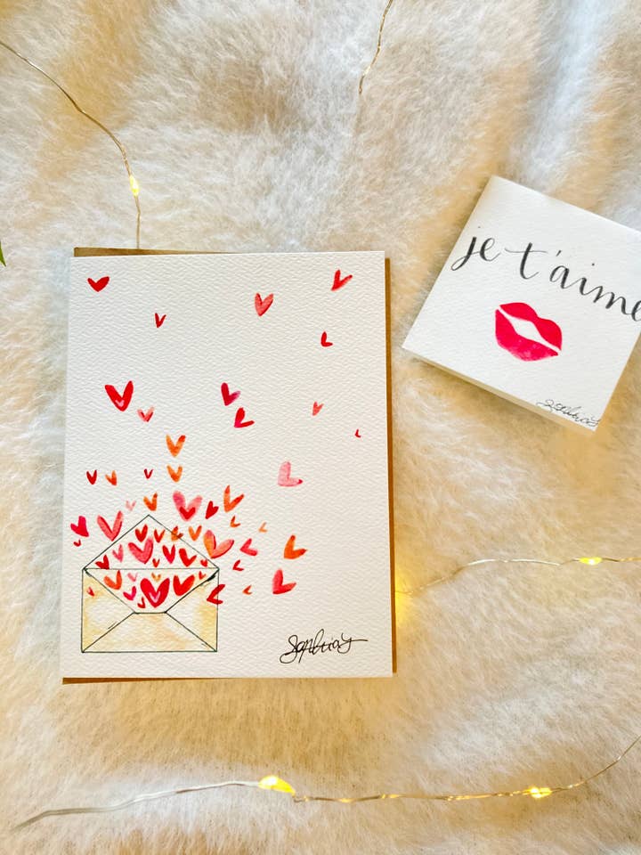 Enveloppe avec coeurs, carte de vœux aquarelle pour la vente par Sophia Lavrov
