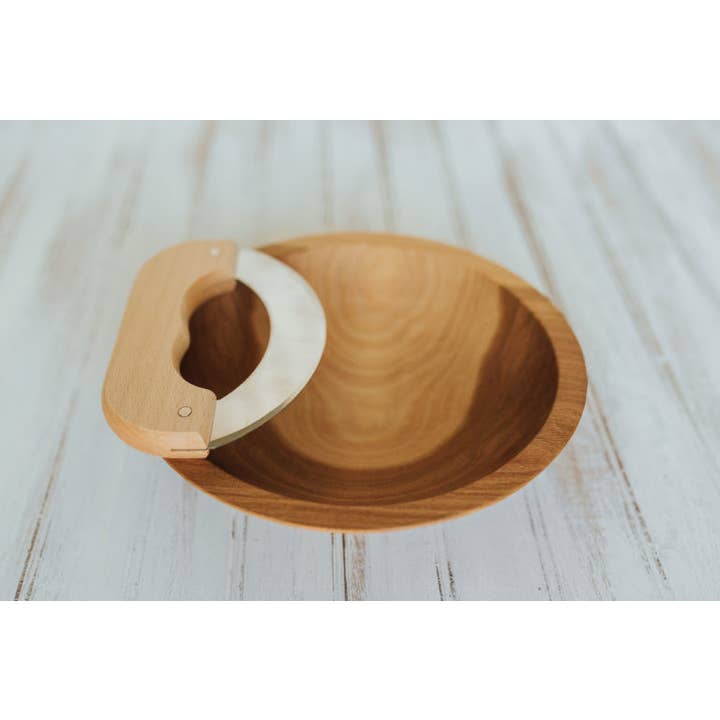 Holland Bowl Mill - Wholesale Bowl - 9" Beech Bowl with Mezzaluna Knfie Bee's Oil Finish2