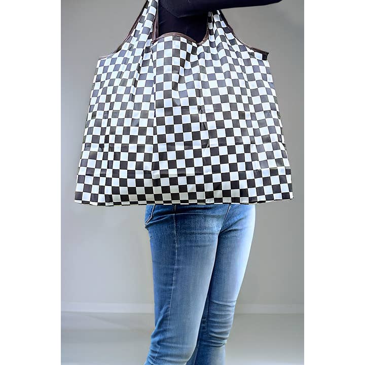 Black Checkered Print Large Capacity Canvas Shoulder Bag for wholesale on Faire1