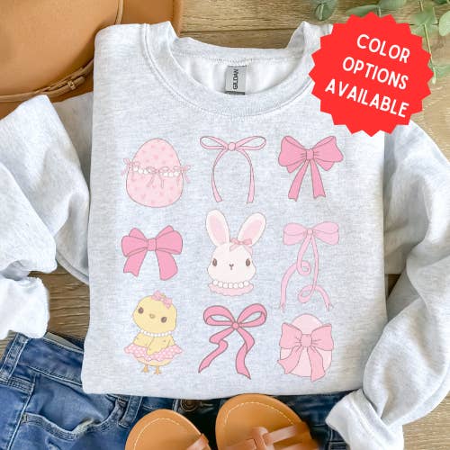 Unique Trendy Easter Sweatshirts with eggs, bunnies, bows for wholesale by Glaminfinity Creations