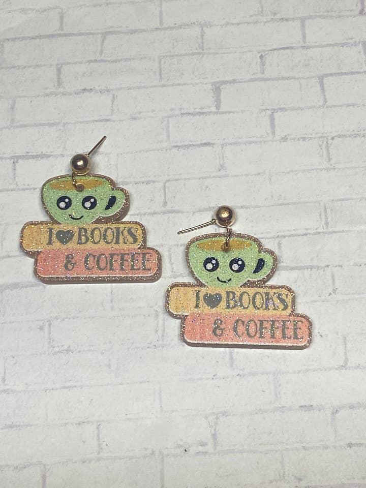 Coffee and Book Lover Lightweight, homemade acrylic earrings, Gift for Elementary Teacher, gift for librarian, Books and Coffee for wholesale by Chasin’ Self Care