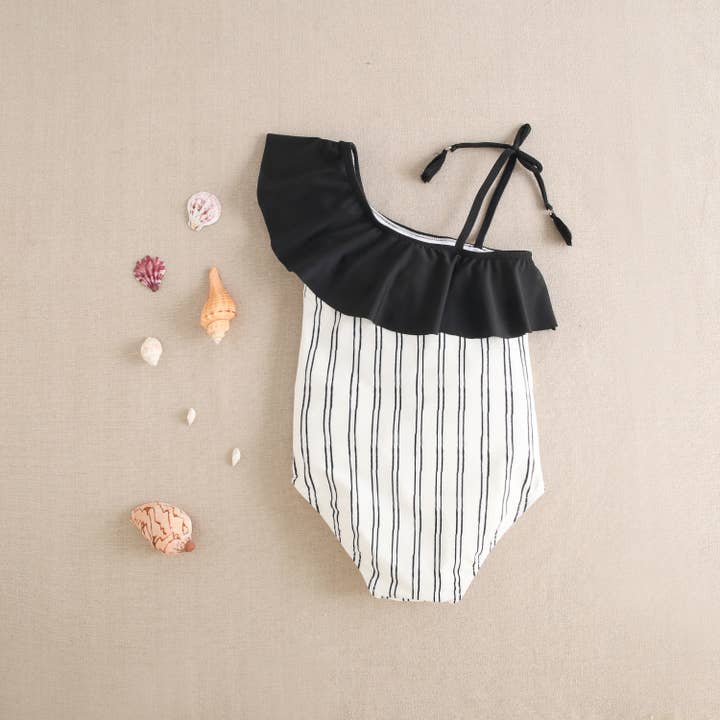 Dadati - Wholesale One Piece Swimsuit - Kids - Girls' white swimsuit with black stripes1