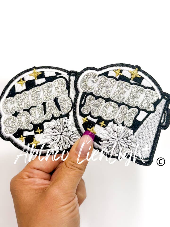 Silver Cheer Squad & Cheer Mom Glitter Embroidery Patch©️ for wholesale by ABLNco